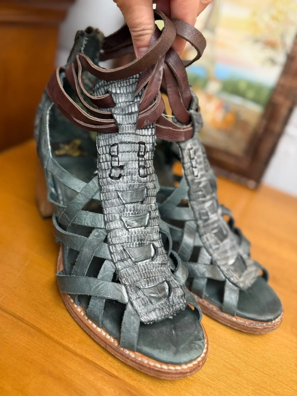 Freebird By Steven Dark Teal Leather Block Heel Sandals Brown Ankle Straps Sz 9